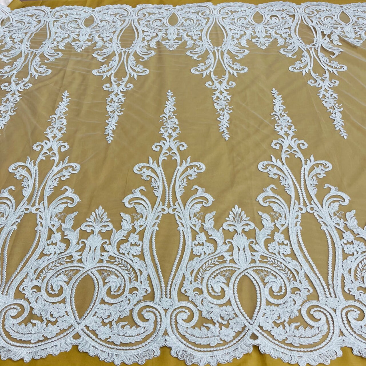 1 Yard Beaded & Corded Bridal Lace Fabric Embroidered on 100% Polyester Net Mesh